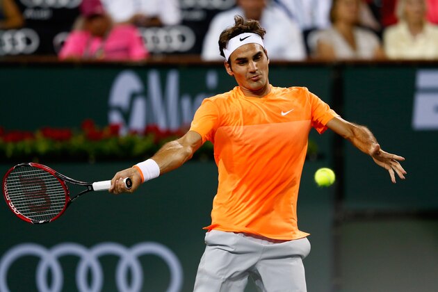 INDIAN WELLS, CA - MARCH 17:  Roger Federer of Switzerland in action in his match against Andreas Seppi of Italy during day nine of the BNP Paribas Open tennis at the Indian Wells Tennis Garden on March 17, 2015 in Indian Wells, California.  (Photo by Julian Finney/Getty Images)