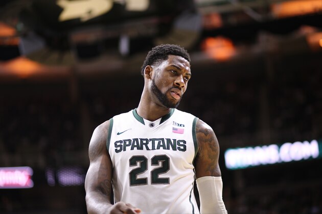 EAST LANSING, MI - JANUARY 11: Branden Dawson #22 of the Michigan State Spartans during a timeout against the Northwestern Wildcats at the Breslin Center on January 11, 2015 in East Lansing, Michigan. (Photo by Rey Del Rio/Getty Images)
