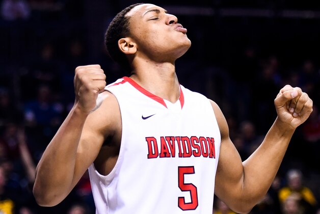 NEW YORK, NY - MARCH 14:  Jordan Barham #5 of the Davidson Wildcats reacts to a foul during a semifinal game against the Virginia Commonwealth Rams in the 2015 Men's Atlantic 10 Basketball Tournament at the Barclays Center on March 14, 2015 in the Brooklyn borough of New York City.  (Photo by Alex Goodlett/Getty Images)