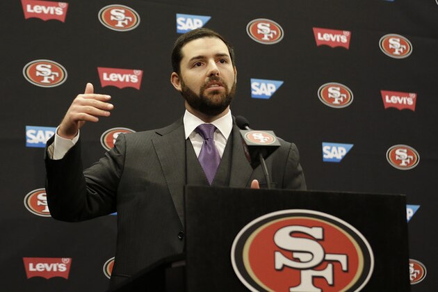 San Francisco 49ers owner Jed York speaks about linebacker Patrick Willis during a news conference at the 49ers' NFL football facility in Santa Clara, Calif., Tuesday, March 10, 2015. Willis, a seven-time Pro Bowler, will retire after his 2014 season was cut short by a toe injury that required surgery, the 49ers announced Tuesday. (AP Photo/Jeff Chiu)