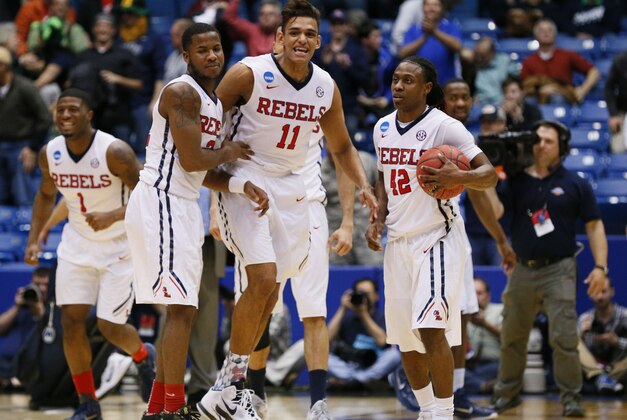 Mar 17, 2015; Dayton, OH, USA; Mississippi Rebels forward Sebastian Saiz (11) reacts with teammates after the game against the Brigham Young Cougars in the first round of the 2015 NCAA Tournament at UD Arena. Ole Miss defeated BYU 94-90. Mandatory Credit: Rick Osentoski-USA TODAY Sports