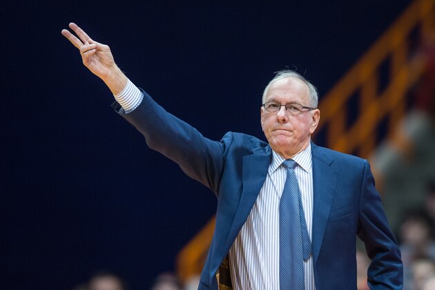 SYRACUSE, NY - JANUARY 24:  Head coach Jim Boeheim of the Syracuse Orange calls a play from the bench during the game against the Miami Hurricanes on January 24, 2015 at The Carrier Dome in Syracuse, New York.  Miami defeated Syracuse 66-62.  (Photo by Brett Carlsen/Getty Images)