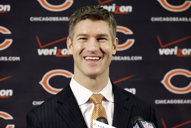 Chicago Bears new general manager Ryan Pace smiles as he speaks at a news conference in Lake Forest, Ill., Friday, Jan. 9, 2015. The Chicago Bears announced the hiring of Ryan Pace on Thursday as general manager, marking the club's second move at the position in three years. (AP Photo/Nam Y. Huh)