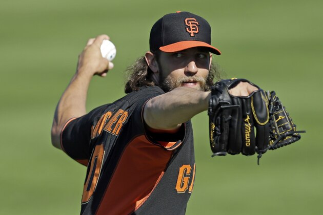 San Francisco Giants' Madison Bumgarner practices prior to a spring training exhibition baseball game against the Texas Rangers Friday, March 13, 2015, in Scottsdale, Ariz. (AP Photo/Ben Margot)
