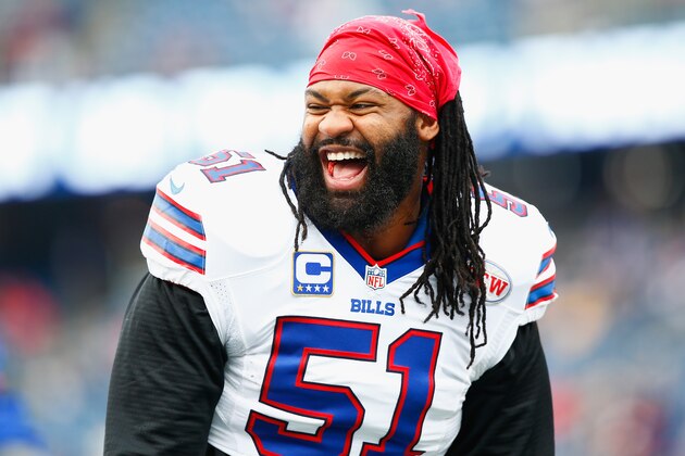 FOXBORO, MA - DECEMBER 28:  Brandon Spikes #51 of the Buffalo Bills warms up before a game against the New England Patriots at Gillette Stadium on December 28, 2014 in Foxboro, Massachusetts.  (Photo by Jared Wickerham/Getty Images)