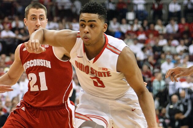 COLUMBUS, OH - MARCH 8:  D'Angelo Russell #0 of the Ohio State Buckeyes drives to the basket in the second half past Josh Gasser #21 of the Wisconsin Badgers on March 8, 2015 at Value City Arena in Columbus, Ohio.  Wisconsin defeated Ohio State 72-48.  (Photo by Jamie Sabau/Getty Images)