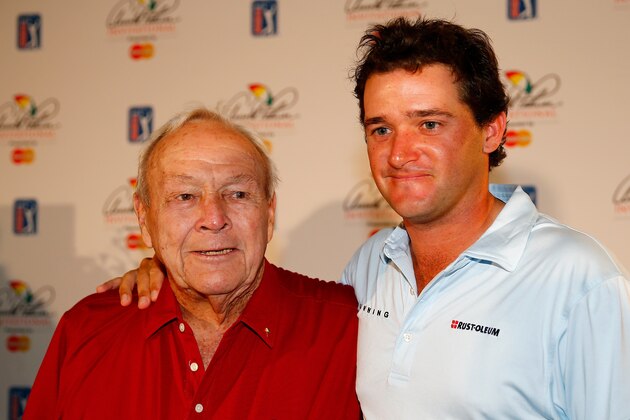 ORLANDO, FL - MARCH 18:  Golf legend Arnold Palmer(L) and his grandson Sam Saunders pose following a press conference for the Arnold Palmer Invitational Presented By MasterCard at the Bay Hill Club and Lodge on March 18, 2015 in Orlando, Florida.  (Photo by Sam Greenwood/Getty Images)