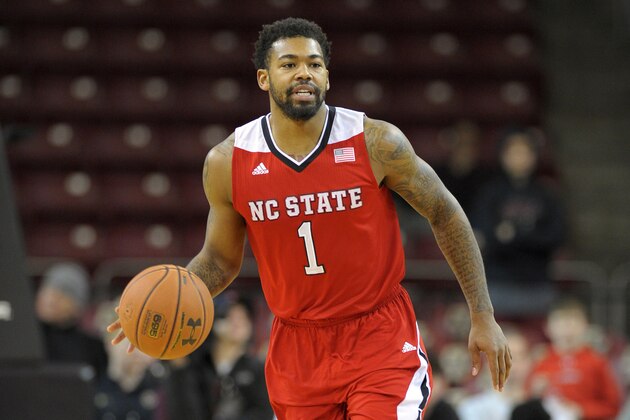 Feb 28, 2015; Chestnut Hill, MA, USA; North Carolina State Wolfpack guard Trevor Lacey (1) dribbles the ball during the first half against the Boston College Eagles at Silvio O. Conte Forum. Mandatory Credit: Bob DeChiara-USA TODAY Sports