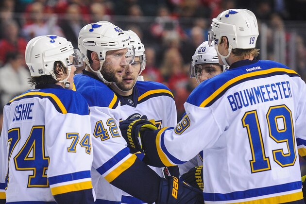 CALGARY, AB - MARCH 17:  Members of the St Louis Blues celebrate their third goal against the Calgary Flames during an NHL game at Scotiabank Saddledome on March 17, 2015 in Calgary, Alberta, Canada. (Photo by Derek Leung/Getty Images)