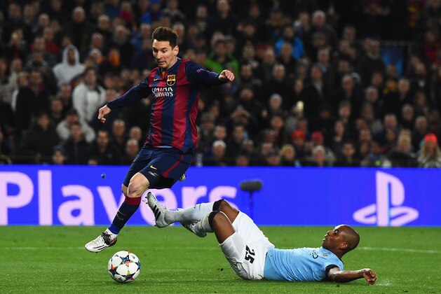 BARCELONA, SPAIN - MARCH 18: Lionel Messi of Barcelona skips past Fernandinho of Manchester City during the UEFA Champions League Round of 16 second leg match between Barcelona and Manchester City at Camp Nou on March 18, 2015 in Barcelona, Spain. (Photo by David Ramos/Getty Images) BARCELONA, SPAIN - MARCH 18: Lionel Messi of Barcelona skips past Fernandinho of Manchester City during the UEFA Champions League Round of 16 second leg match between Barcelona and Manchester City at Camp Nou on March 18, 2015 in Barcelona, Spain. (Photo by David Ramos/Getty Images)
