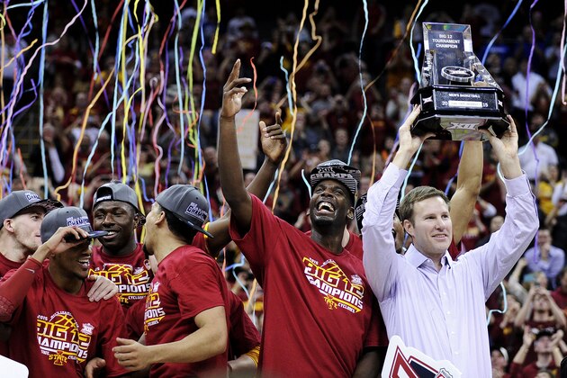 KANSAS CITY, MO - MARCH 14:  The Iowa State Cyclones celebrate with the trophy after their 70 to 66 win over the Kansas Jayhawks during the championship game of the Big 12 Basketball Tournament at Sprint Center on March 14, 2015 in Kansas City, Missouri.  (Photo by Ed Zurga/Getty Images)