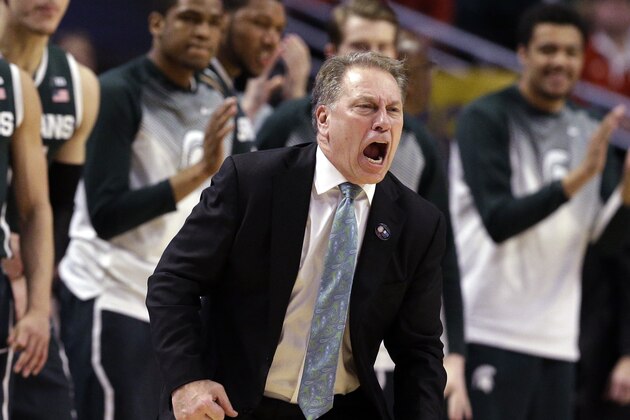 Michigan State head coach Tom Izzo in the second half of an NCAA college basketball game against Wisconsin in the championship of the Big Ten Conference tournament in Chicago, Sunday, March 15, 2015.  Wisconsin defeated Michigan State 80-69 in overtime.  (AP Photo/Nam Y. Huh)