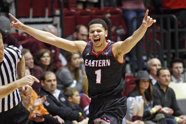 Eastern Washington guard Tyler Harvey(1) celebrates in the closing seconds  of an NCAA college basketball game against Montana in the Championship of Big Sky Conference tournament in Missoula, Mont., Saturday, March 14, 2015. Eastern Washington won 69-65. (AP Photos/Michael Albans)