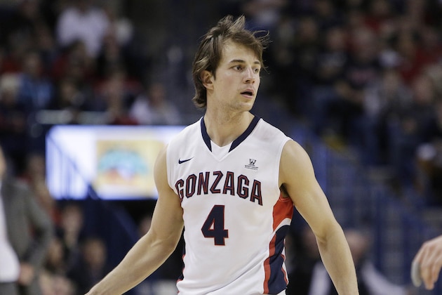 Gonzaga's Kevin Pangos (4) dribbles against BYU during the second half of an NCAA college basketball game, Saturday, Feb. 28, 2015, in Spokane, Wash. (AP Photo/Young Kwak)