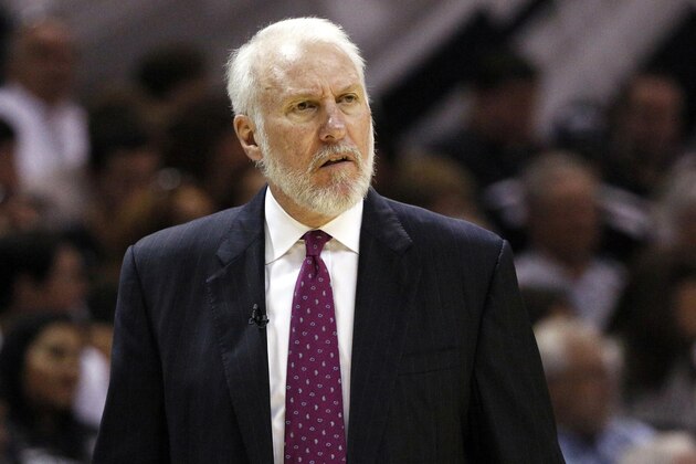 Oct 28, 2014; San Antonio, TX, USA; San Antonio Spurs head coach Gregg Popovich reacts against the Dallas Mavericks during the first half at AT&T Center. Mandatory Credit: Soobum Im-USA TODAY Sports