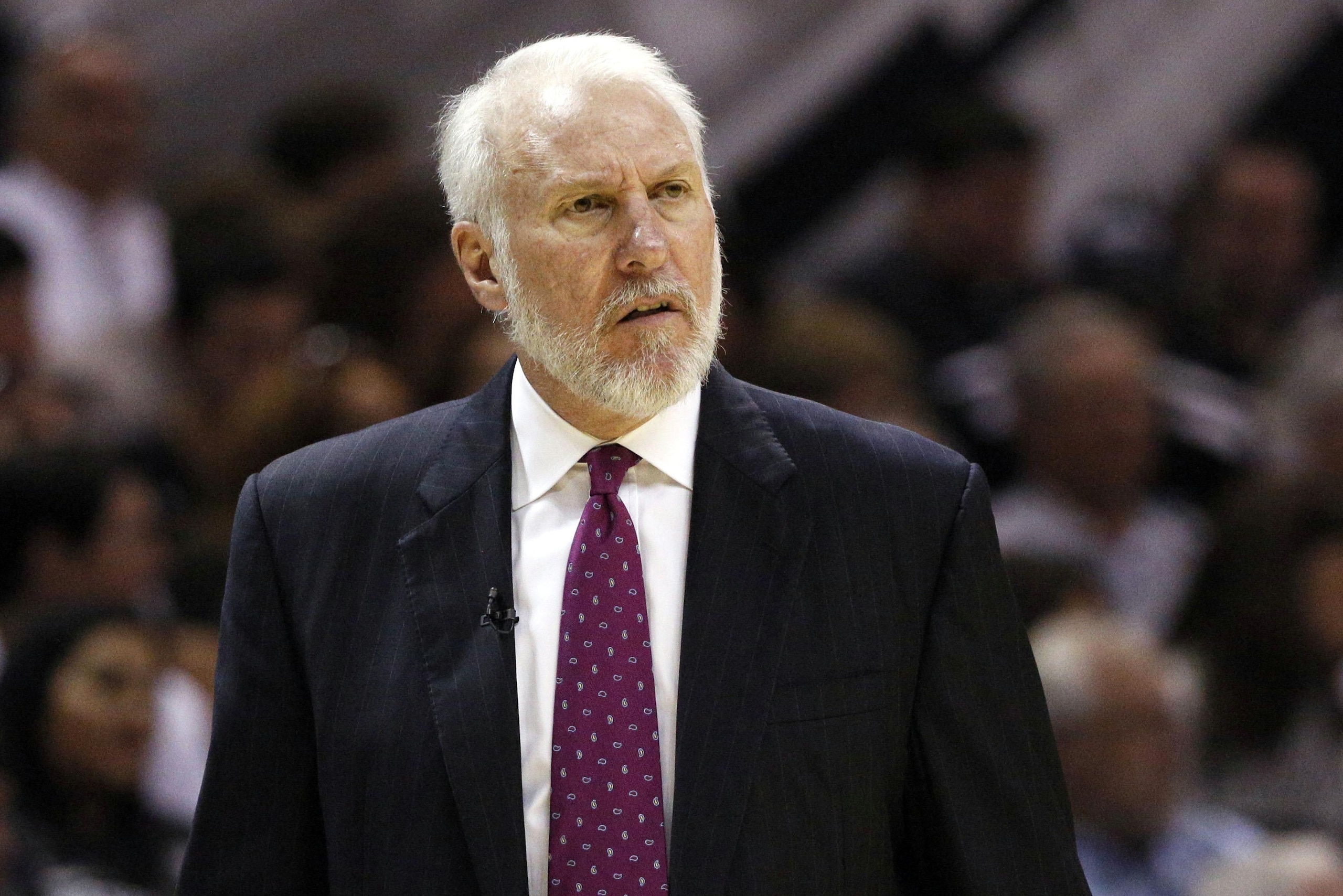 Oct 28, 2014; San Antonio, TX, USA; San Antonio Spurs head coach Gregg Popovich reacts against the Dallas Mavericks during the first half at AT&T Center. Mandatory Credit: Soobum Im-USA TODAY Sports Oct 28, 2014; San Antonio, TX, USA; San Antonio Spurs head coach Gregg Popovich reacts against the Dallas Mavericks during the first half at AT&T Center. Mandatory Credit: Soobum Im-USA TODAY Sports