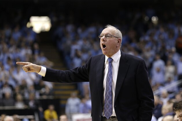 Syracuse coach Jim Boeheim reacts during the second half of an NCAA college basketball game in Chapel Hill, N.C., Monday, Jan. 26, 2015. North Carolina won 93-83. (AP Photo/Gerry Broome)