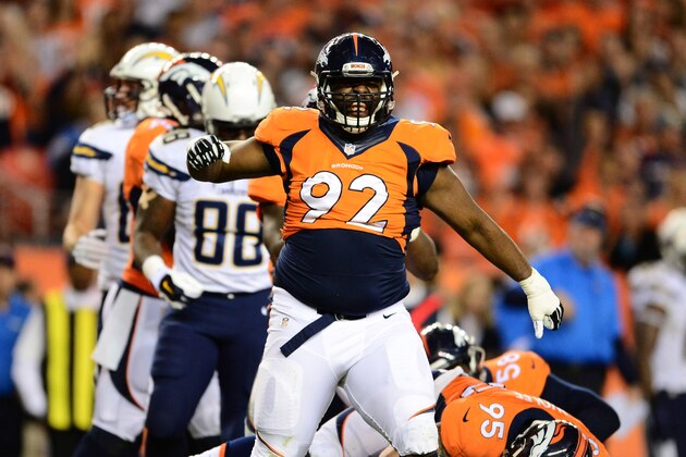 Oct 23, 2014; Denver, CO, USA; Denver Broncos defensive tackle Sylvester Williams (92) reacts to a sack in the second quarter against the San Diego Chargers at Sports Authority Field at Mile High. Mandatory Credit: Ron Chenoy-USA TODAY Sports