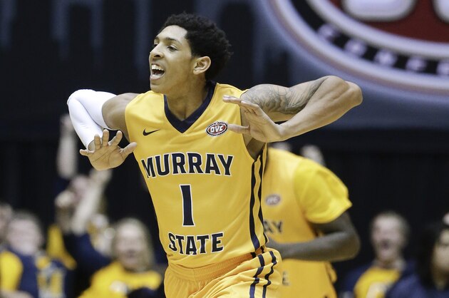 Murray State guard Cameron Payne celebrates after making a basket against Belmont during the second half of an NCAA college basketball game in the final of the Ohio Valley Conference tournament Saturday, March 7, 2015, in Nashville, Tenn. Belmont won 88-87. (AP Photo/Mark Humphrey)