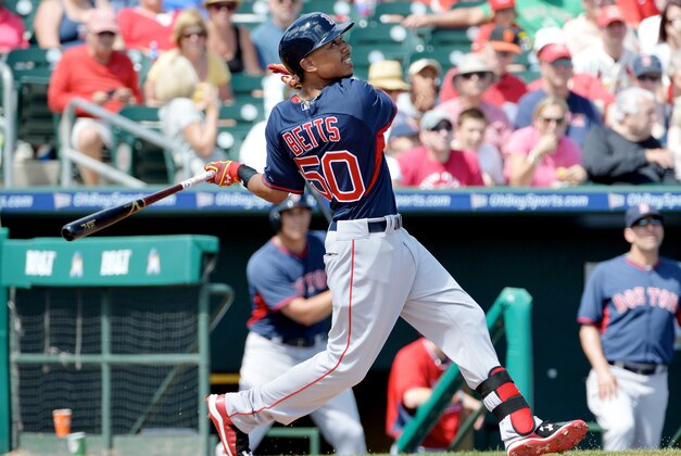 Mar 9, 2015; Jupiter, FL, USA; Boston Red Sox center fielder Mookie Betts (50) at bat against the St. Louis Cardinals during a spring training baseball game at Roger Dean Stadium. Mandatory Credit: Steve Mitchell-USA TODAY Sports