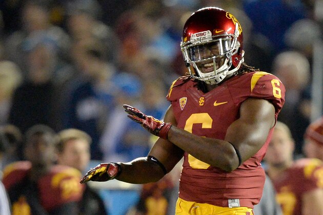 PASADENA, CA - NOVEMBER 22:  Josh Shaw #6 of the USC Trojans reacts during a 38-14 loss to the UCLA Bruins at the Rose Bowl on November 22, 2014 in Pasadena, California.  (Photo by Harry How/Getty Images)