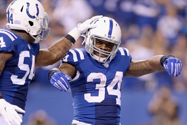 INDIANAPOLIS, IN - NOVEMBER 23:  Trent Richardson #34 of the Indianapolis Colts celebrates with Andrew Jackson #54 after running for a touchdown during the game against the Jacksonville Jaguars at Lucas Oil Stadium on November 23, 2014 in Indianapolis, Indiana.  (Photo by Andy Lyons/Getty Images)