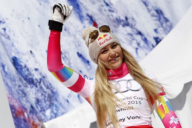 MERIBEL, FRANCE - MARCH 18: (FRANCE OUT) Lindsey Vonn of the USA wins the race and the overall World Cup downhill globe during the Audi FIS Alpine Ski World Cup Finals Women's Downhill on March 18, 2015 in Meribel, France. (Photo by Alexis Boichard/Agence Zoom/Getty Images)