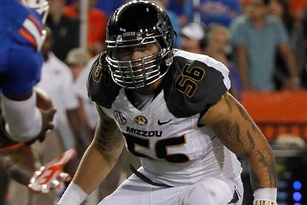 Oct 18, 2014; Gainesville, FL, USA; Missouri Tigers defensive lineman Shane Ray (56) rushes against the Florida Gators during the second half at Ben Hill Griffin Stadium. Missouri Tigers defeated the Florida Gators 42-13. Mandatory Credit: Kim Klement-USA TODAY Sports
