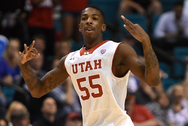 LAS VEGAS, NV - MARCH 12:  Delon Wright #55 of the Utah Utes holds up three fingers on each hand after hitting a 3-pointer against the Stanford Cardinal during a quarterfinal game of the Pac-12 Basketball Tournament at the MGM Grand Garden Arena on March 12, 2015 in Las Vegas, Nevada. Utah won 80-56.  (Photo by Ethan Miller/Getty Images)