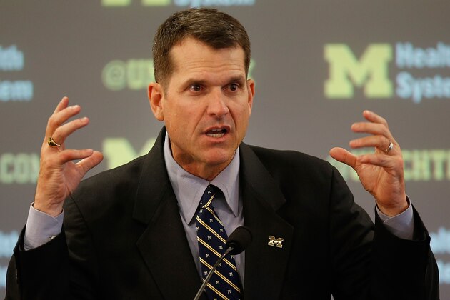 ANN ARBOR, MI - DECEMBER 30:  Jim Harbaugh speaks as he is introduced as the new Head Coach of the University of Michigan football team at the Junge Family Champions Center on December 30, 2014 in Ann Arbor, Michigan.  (Photo by Gregory Shamus/Getty Images)