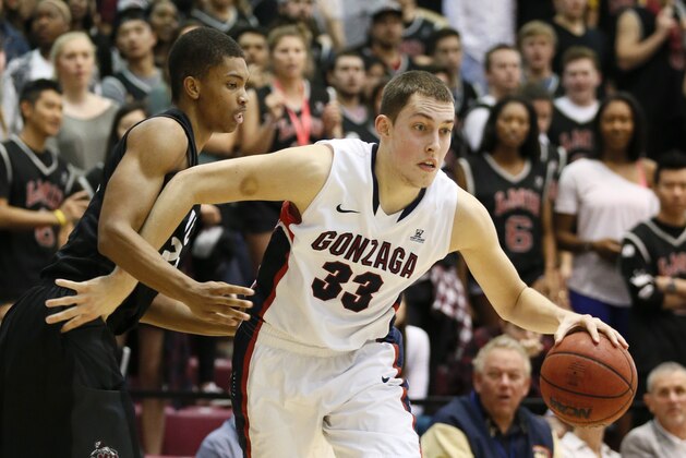 Gonzaga's Kyle Wiltjer, right, drives past Loyola Marymount's Devin Wyatt during the first half of an NCAA college basketball game Saturday, Jan. 17, 2015, in Los Angeles. (AP Photo/Danny Moloshok)