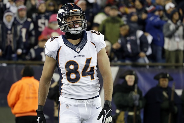 Denver Broncos tight end Jacob Tamme reacts after he couldn't come up with a catch in the end zone in the second half of an NFL football game against the New England Patriots on Sunday, Nov. 2, 2014, in Foxborough, Mass. (AP Photo/Steven Senne)
