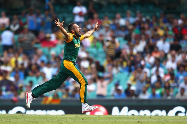 SYDNEY, AUSTRALIA - MARCH 18:  Imran Tahir of South Africa celebrates dismissing Thisara Perera of Sri Lanka during the 2015 ICC Cricket World Cup match between South Africa and Sri Lanka at Sydney Cricket Ground on March 18, 2015 in Sydney, Australia.  (Photo by Cameron Spencer/Getty Images)