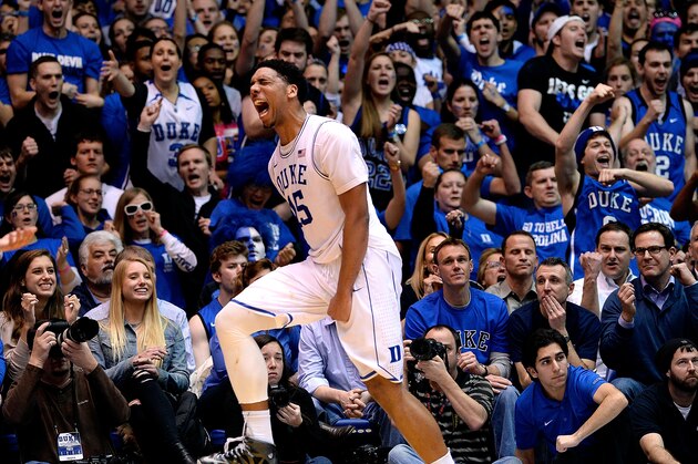 DURHAM, NC - FEBRUARY 18:  Jahlil Okafor #15 of the Duke Blue Devils reacts during a win against the North Carolina Tar Heels at Cameron Indoor Stadium on February 18, 2015 in Durham, North Carolina. Duke won 92-90 in overtime.  (Photo by Grant Halverson/Getty Images)