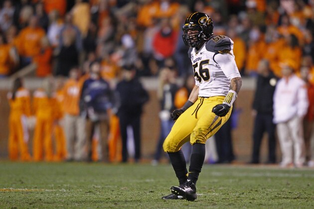 Missouri defensive lineman Shane Ray (56) in the first quarter of an NCAA college football game against Tennessee Saturday, Nov. 22, 2014 in Knoxville, Tenn. (AP Photo/Wade Payne)