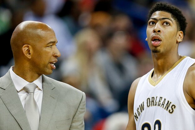 Dec 2, 2014; New Orleans, LA, USA; New Orleans Pelicans head coach Monty Williams and forward Anthony Davis (23) during a game against the Oklahoma City Thunder at the Smoothie King Center. The Pelicans defeated the Thunder 112-104. Mandatory Credit: Derick E. Hingle-USA TODAY Sports