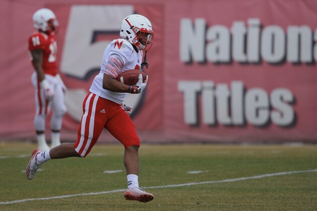 Nebraska safety LeRoy Alexander (2) runs with the ball during NCAA college football spring practice in Lincoln, Neb., Wednesday, March 18, 2015. Nebraska is two weeks into spring practice, and coach Mike Riley said the team is progressing about like he expected it would. He said the quarterbacks need to complete a higher percentage of passes and cut down on interceptions . (AP Photo/Nati Harnik)