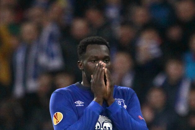 Everton's Romelu Lukaku reacts after team's 2-5 loss to Dynamo at the Europa League round of 16 second leg soccer match between Dynamo Kyiv and Everton at Olimpiyskiy Stadium in Kiev, Ukraine, Thursday, March. 19, 2015. (AP Photo/Sergei Chuzavkov)