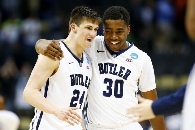 PITTSBURGH, PA - MARCH 19:  Kellen Dunham #24 and Kelan Martin #30 of the Butler Bulldogs celebrate their 56 to 48 win over the Texas Longhorns during the second round of the 2015 NCAA Men's Basketball Tournament at Consol Energy Center on March 19, 2015 in Pittsburgh, Pennsylvania.  (Photo by Jared Wickerham/Getty Images)