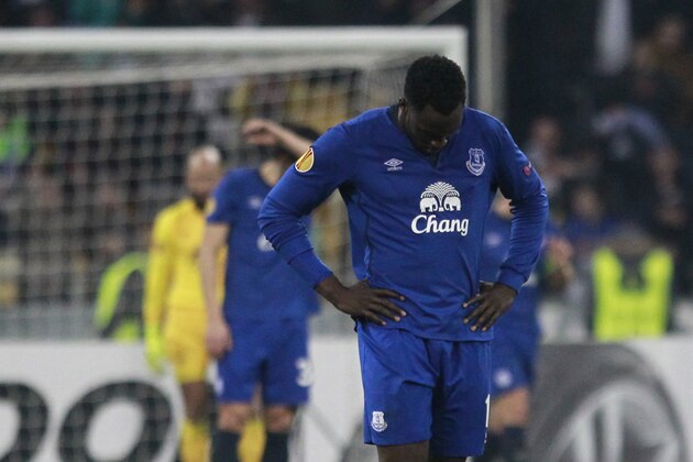 Everton's Romelu Lukaku reacts after team's 2-5 loss to Dynamo at the Europa League round of 16 second leg soccer match between Dynamo Kyiv and Everton at Olimpiyskiy Stadium in Kiev, Ukraine, Thursday, March. 19, 2015. (AP Photo/Sergei Chuzavkov)