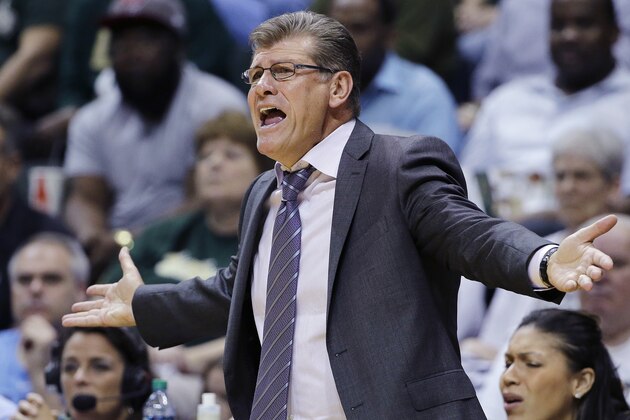 Connecticut coach Geno Auriemma reacts to an official's call during the second half of an NCAA college basketball game against South Florida on Monday, March 2, 2015, in Tampa, Fla. Connecticut won 88-65. (AP Photo/Chris O'Meara)