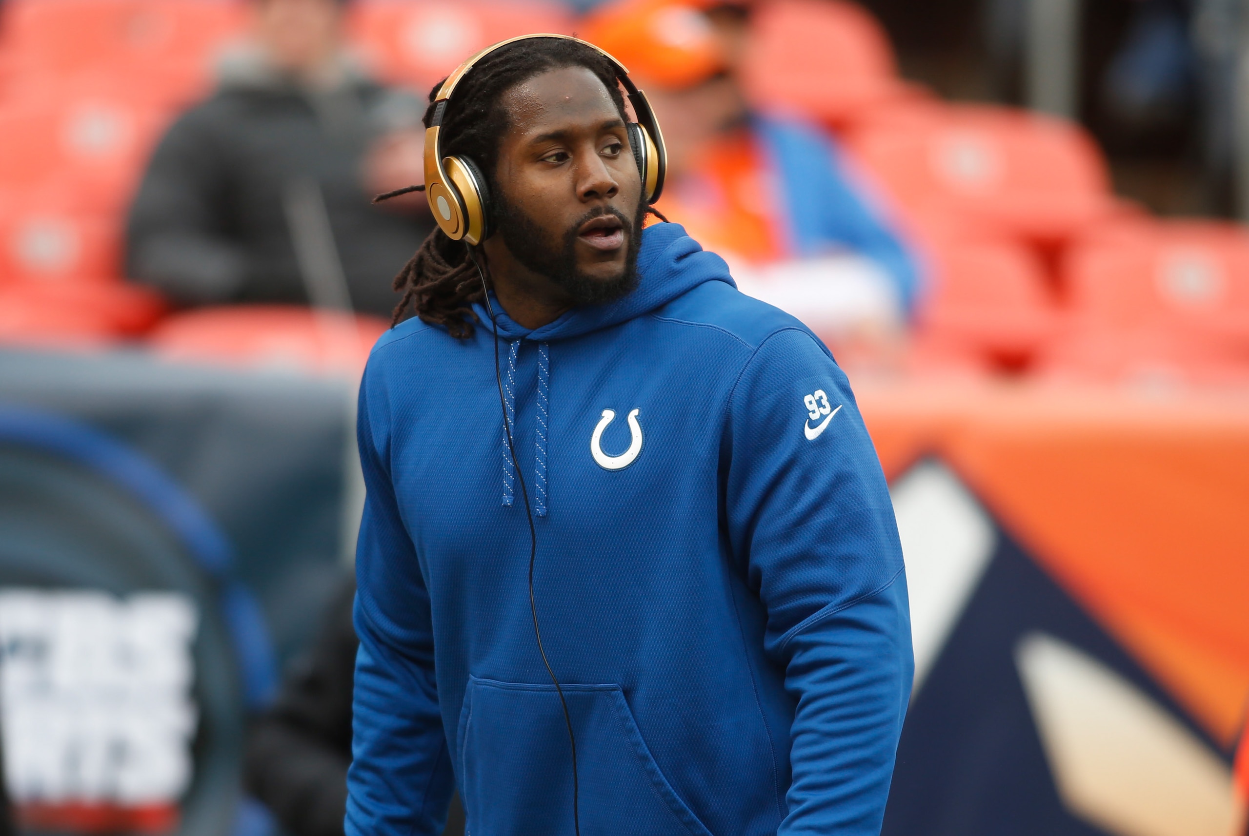 Jan 11, 2015; Denver, CO, USA; Indianapolis Colts outside linebacker Erik Walden (93) in the 2014 AFC Divisional playoff football game against the Denver Broncos at Sports Authority Field at Mile High. Mandatory Credit: Chris Humphreys-USA TODAY Sports