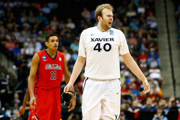 JACKSONVILLE, FL - MARCH 19:  Matt Stainbrook #40 of the Xavier Musketeers reacts after getting called for a technical during the second half against the Mississippi Rebels in the second round of the 2015 NCAA Men's Basketball Tournament at Jacksonville Veterans Memorial Arena on March 19, 2015 in Jacksonville, Florida.  (Photo by Kevin C. Cox/Getty Images)