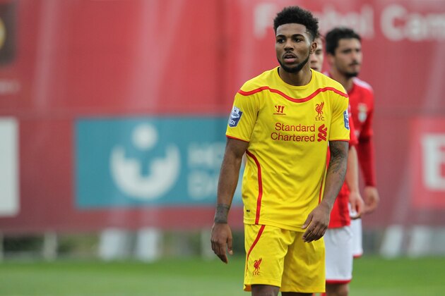 SEIXAL, PORTUGAL - FEBRUARY 24: Liverpool's foward Jerome Sinclair  in action during the UEFA Youth League match between SL Benfica and Liverpool FC on February 24, 2015 in Seixal, Portugal.  (Photo by Carlos Rodrigues/Getty Images for UEFA)