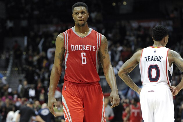 Houston Rockets forward Terrence Jones walks off the floor after falling behind to the Atlanta Hawks during the second half of an NBA basketball game Tuesday, March 3, 2015, in Atlanta. Atlanta won 104-96. (AP Photo/John Amis)
