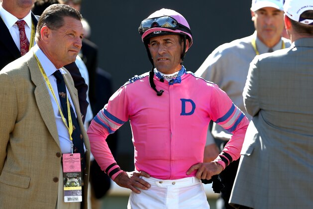 ARCADIA, CA - NOVEMBER 02: Jockey Gary Stevens watches the replay after the Juvenile Fillies during the 2013 Breeders' Cup World Championships at Santa Anita Park on November 2, 2013 in Arcadia, California. Stevens was disqualified from the race. (Photo by Matthew Stockman/Getty Images)