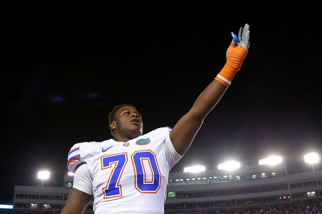 TALLAHASSEE, FL - NOVEMBER 24:  D.J. Humphries #70 of the Florida Gators waves to the crowd during a game against the Florida State Seminoles at Doak Campbell Stadium on November 24, 2012 in Tallahassee, Florida.  (Photo by Mike Ehrmann/Getty Images)