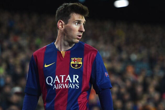 BARCELONA, SPAIN - MARCH 18: Lionel Messi of Barcelona looks on during the UEFA Champions League Round of 16 second leg match between Barcelona and Manchester City at Camp Nou on March 18, 2015 in Barcelona, Spain.  (Photo by Michael Regan/Getty Images)