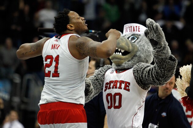 PITTSBURGH, PA - MARCH 19:  Beejay Anya #21 of the North Carolina State Wolfpack celebrates after defeating the LSU Tigers 66 to 65 during the second round of the 2015 NCAA Men's Basketball Tournament at Consol Energy Center on March 19, 2015 in Pittsburgh, Pennsylvania.  (Photo by Justin K. Aller/Getty Images)