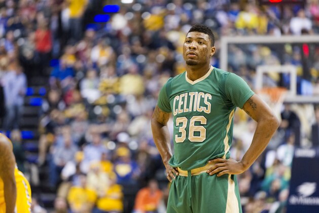 Boston Celtics guard Marcus Smart (36) during the first half of an NBA basketball game, Saturday, March 14, 2015, in Indianapolis. (AP Photo/Doug McSchooler)